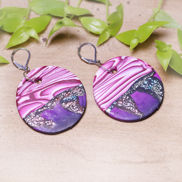 Round Pink Black Polymer Clay Earrings