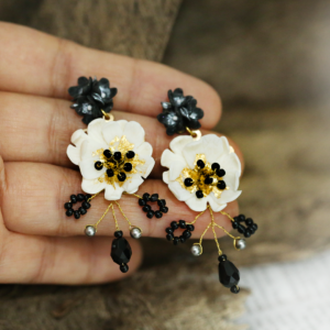 Black White Flower Rose Earrings