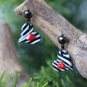 Black White Stripes Red Heart Valentine Earrings