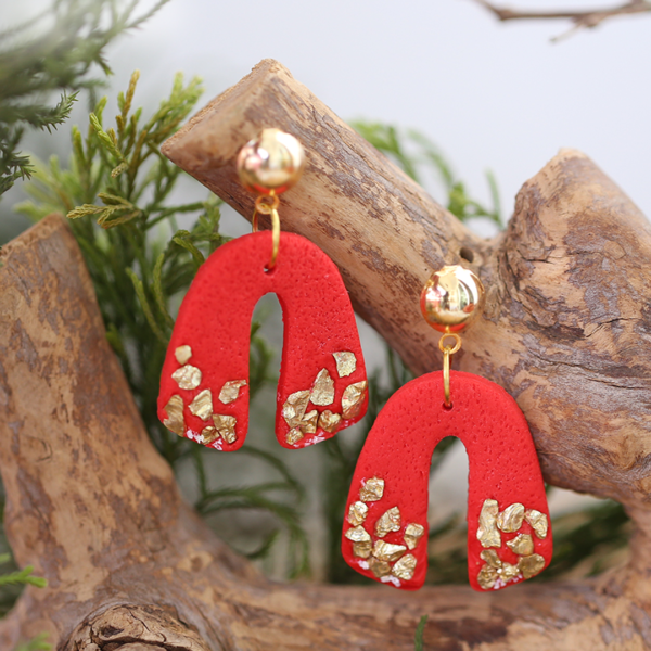 Horse Shoe Red Gold Valentine Day Good Luck Handmade Polymer Clay Earrings