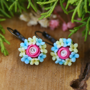 Pink Rose Blue Yellow Flowers Small Polymer Clay Earrings
