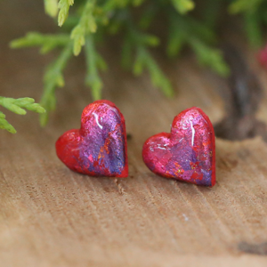Red Lavender Heart Studs Valentine Handmade Polymer Clay Love Earrings