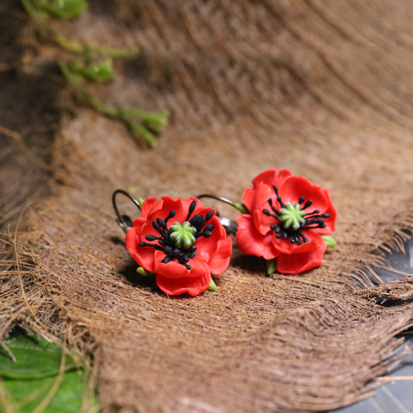 Red Poppies Flower Polymer Clay Earrings