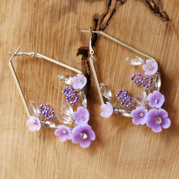 Silver geometric earrings Hoop with Purple clay flower
