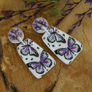 Purple butterfly earrings with real natural flowers