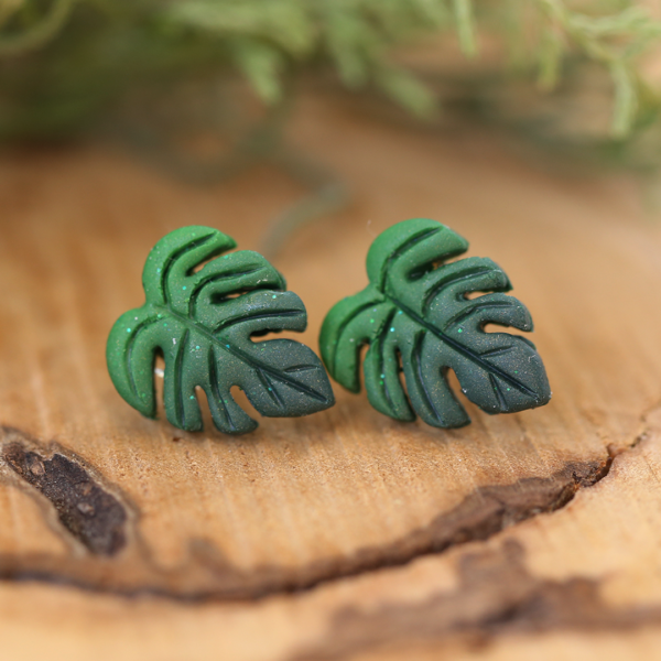 Monstera Leaf Studs Green Black earrings