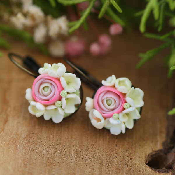 Pink light yellow valentine rose flower earrings