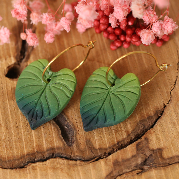 Green Philodendron Leaf Hoops earrings