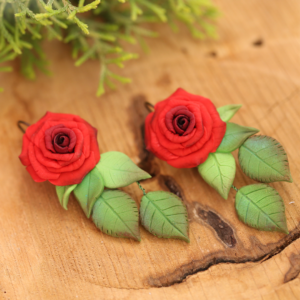 Red Rose and Leaves Earrings