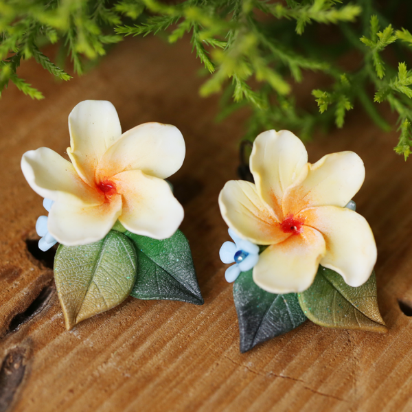 Frangipani White Yellow Flower Earrings