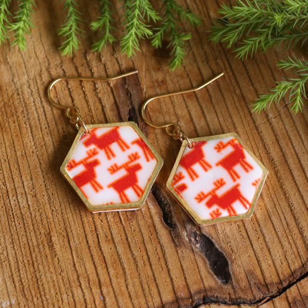 White Red Reindeer Hexagon earrings