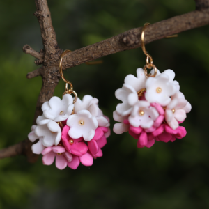 White Pink Flower Ball Earrings